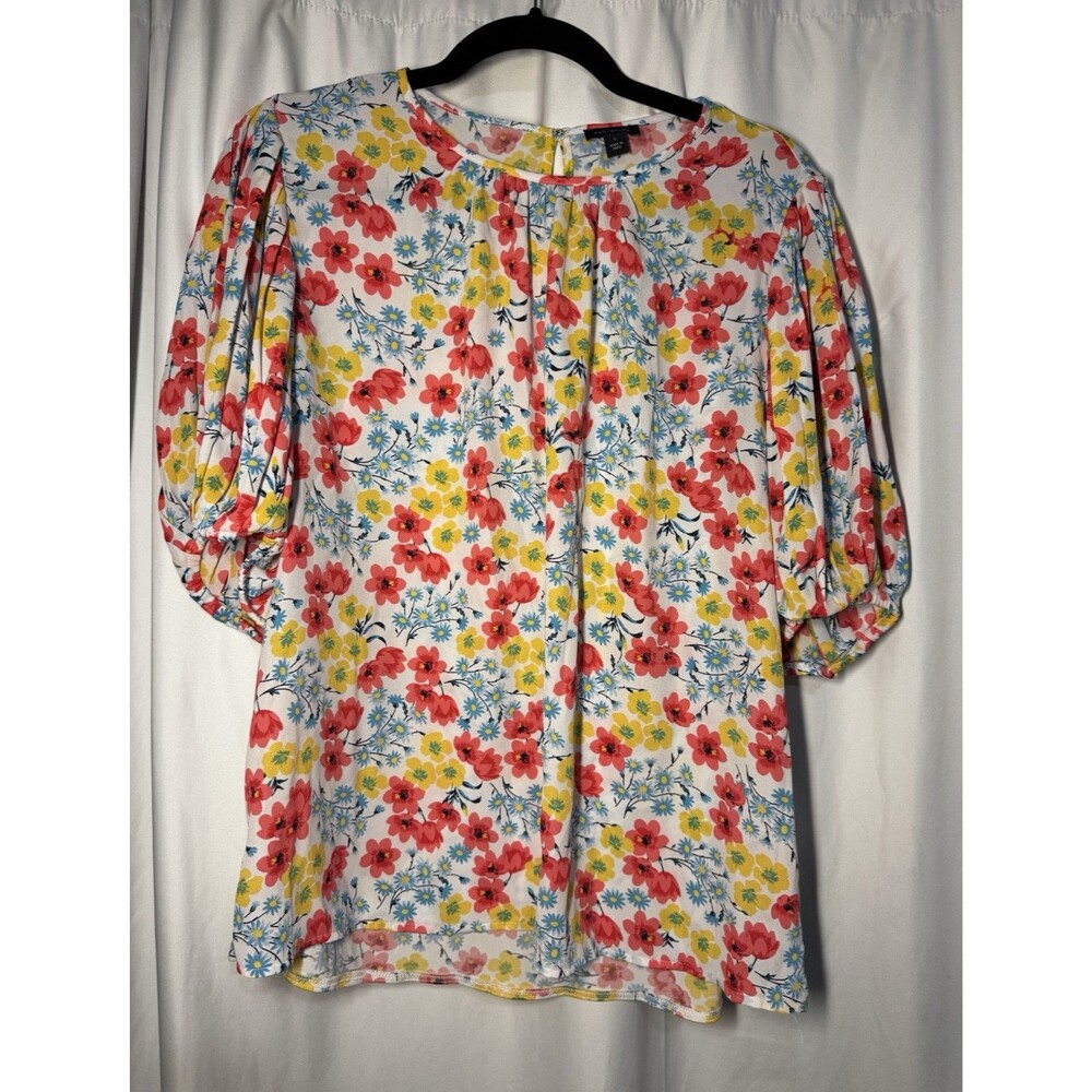 Ann Taylor Floral Pleated Knit Blouse Round Neck 3/4 Puff Sleeve Multicolor L